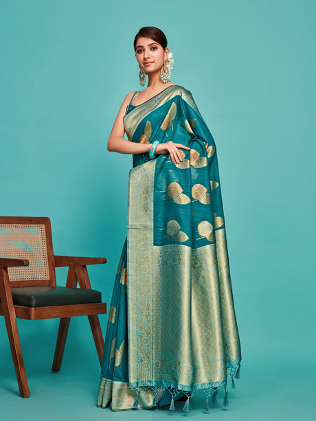 Mimosa Women's Woven Design Kanjivaram Linen Saree With Blouse Piece : SA00001234SFFREE