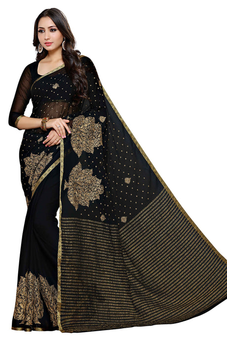 Mimosa Womens Chiffon Saree Banarasi Black Color