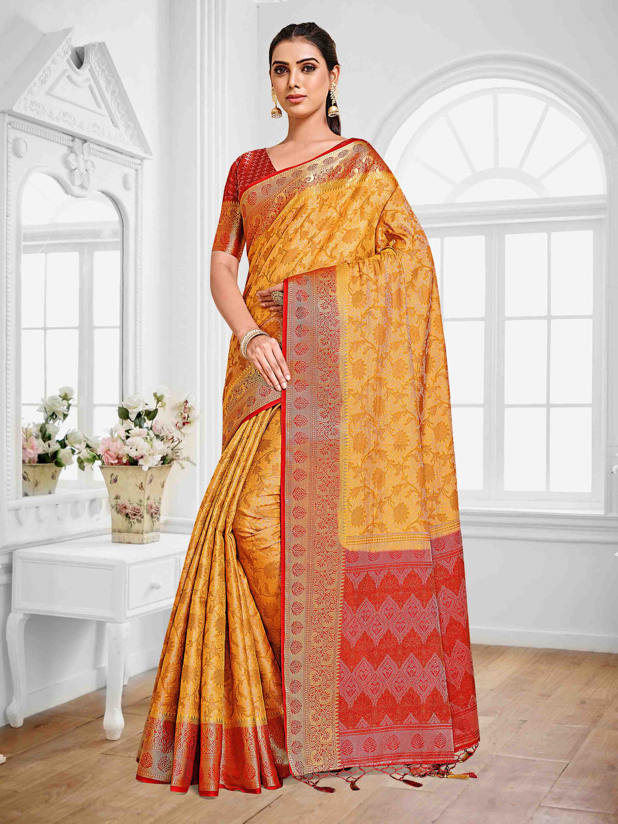 Mimosa Womens Art Silk Saree Kanjivaram Mustard Color