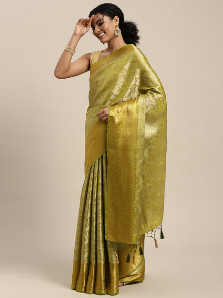 Mimosa Womens Art Silk Saree Kanjivaram Olive Color