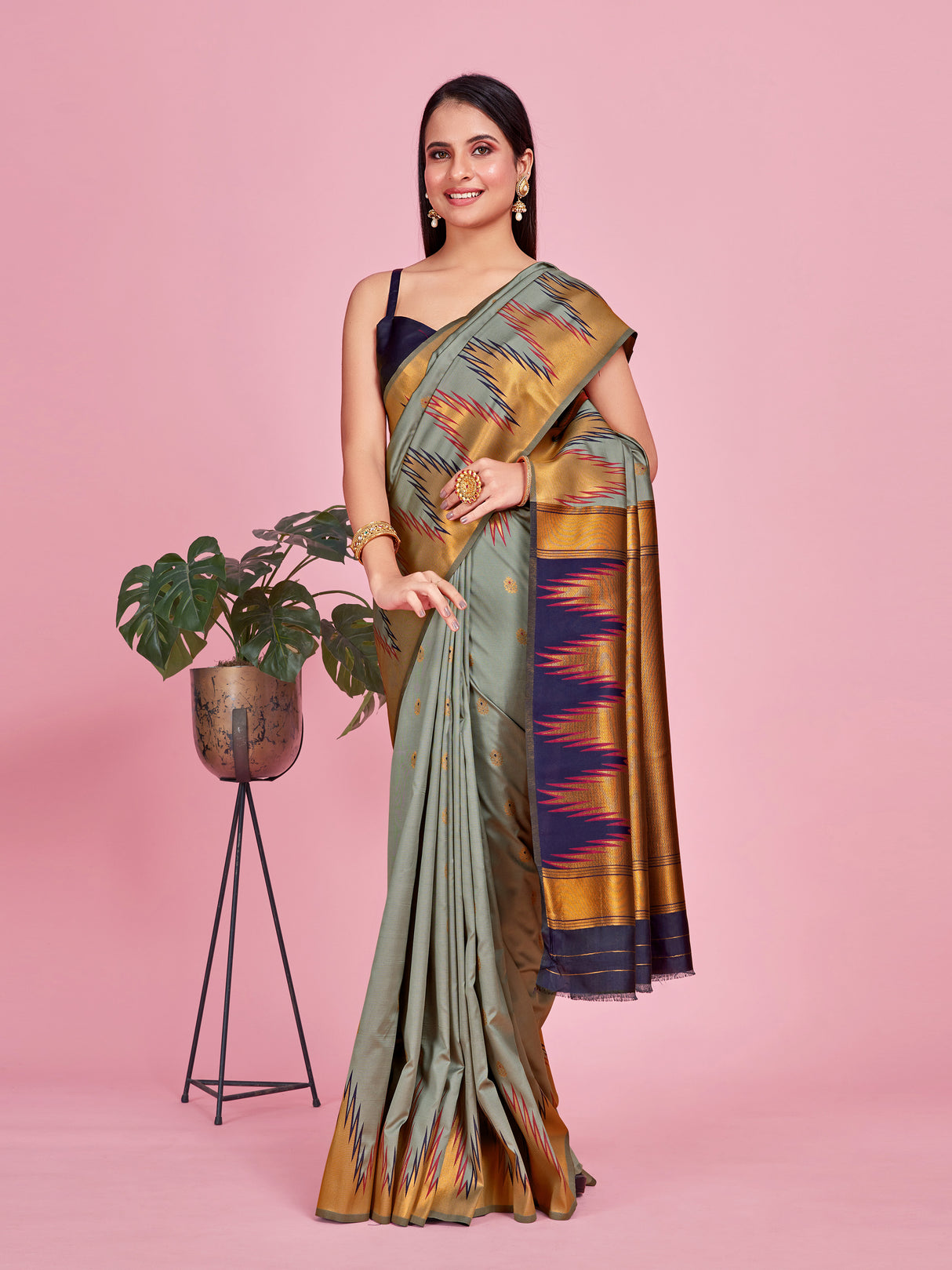 Mimosa Women's Woven Design Kanjivaram Style Art Silk Saree With Blouse Piece : SA00001386GYFREE