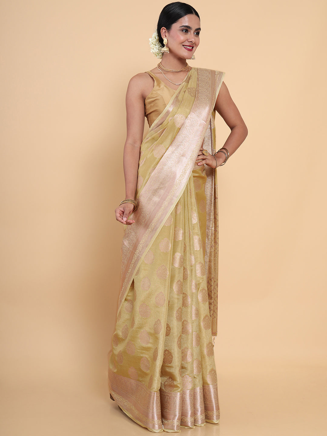 Mimosa Womens Art Silk Saree Kasavu Cream Color