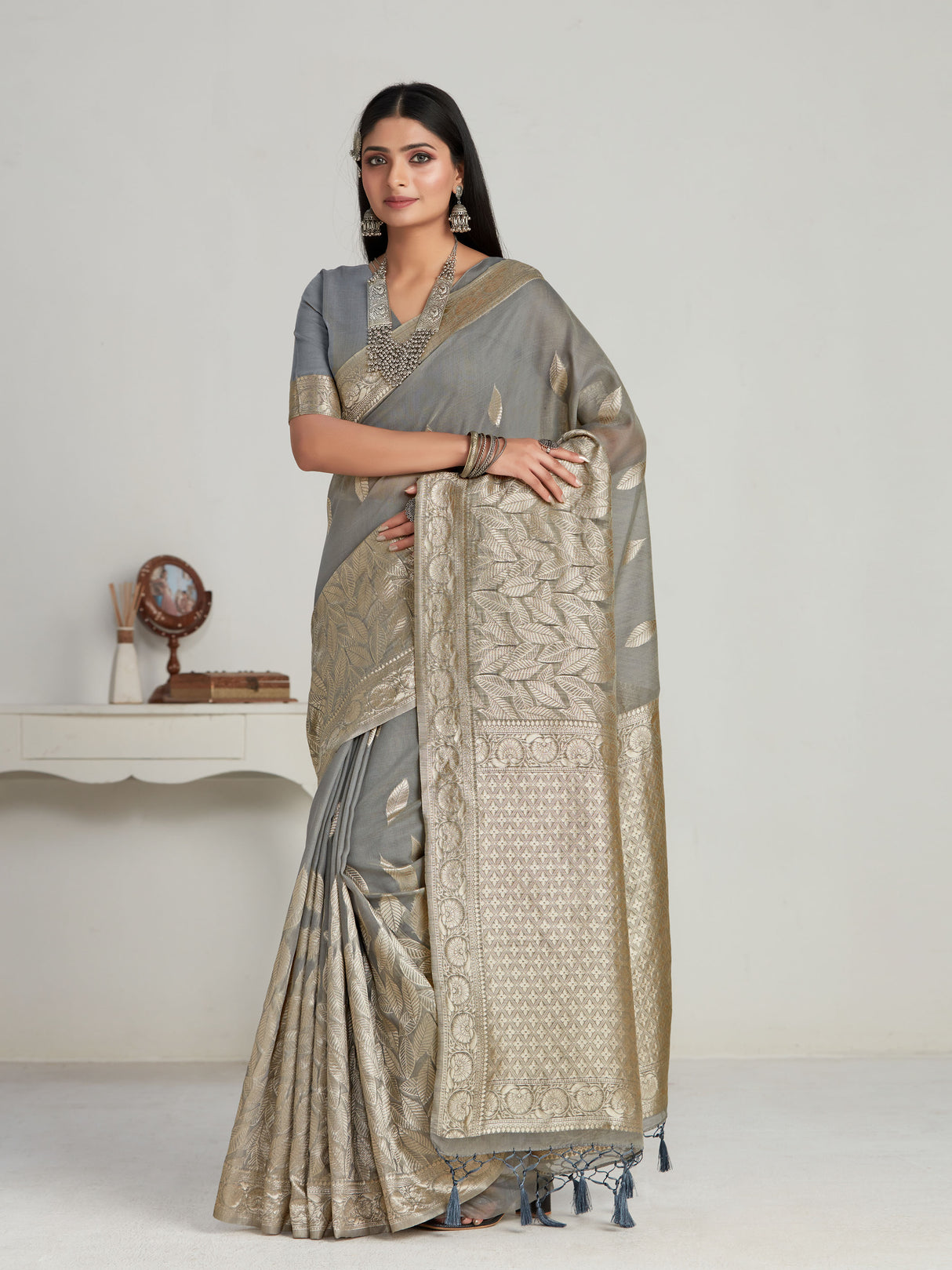 Mimosa Women's Woven Design Banarasi Style Poly Cotton Saree With Blouse Piece : SA00001077GY