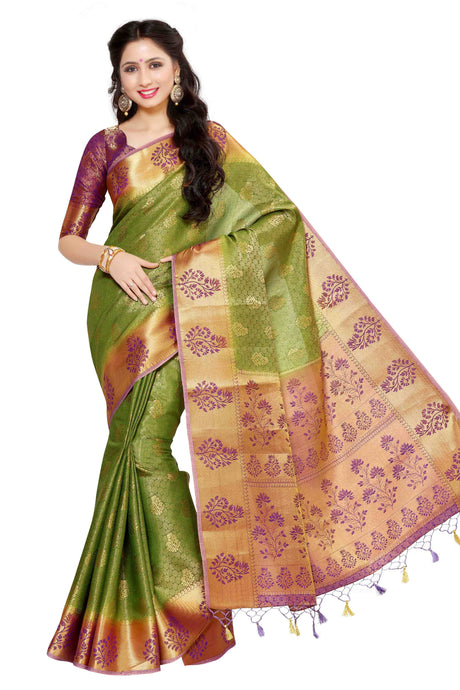 Mimosa Womens Art Silk Saree Kanjivaram Olive Color