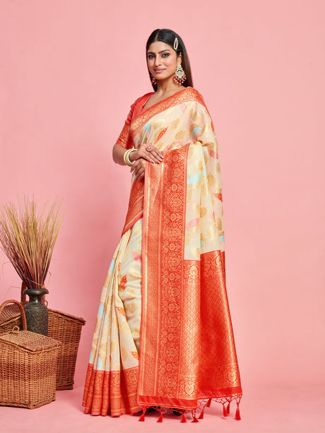 Mimosa Women's Woven Design Kanjivaram Linen Saree With Blouse Piece : SA00001245OFWFREE