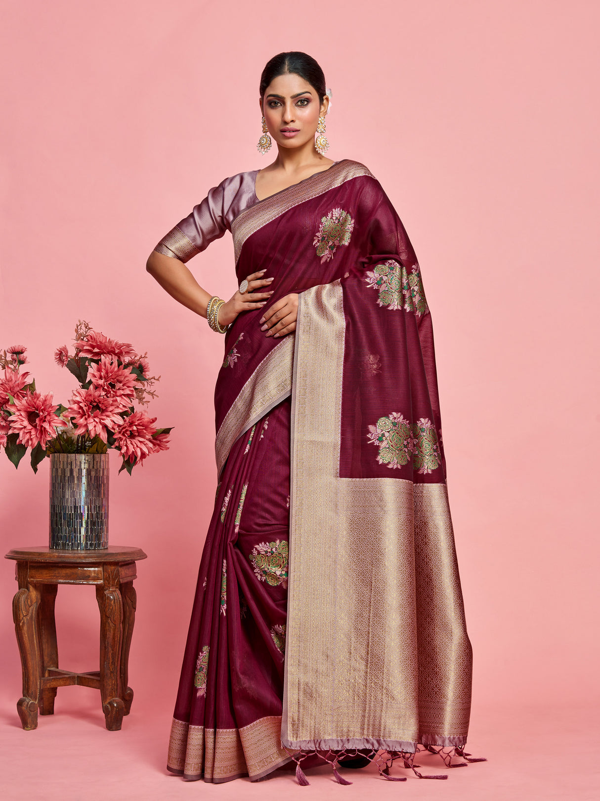 Mimosa Women's Woven Design Kanjivaram Linen Saree With Blouse Piece : SA00001231WNFREE