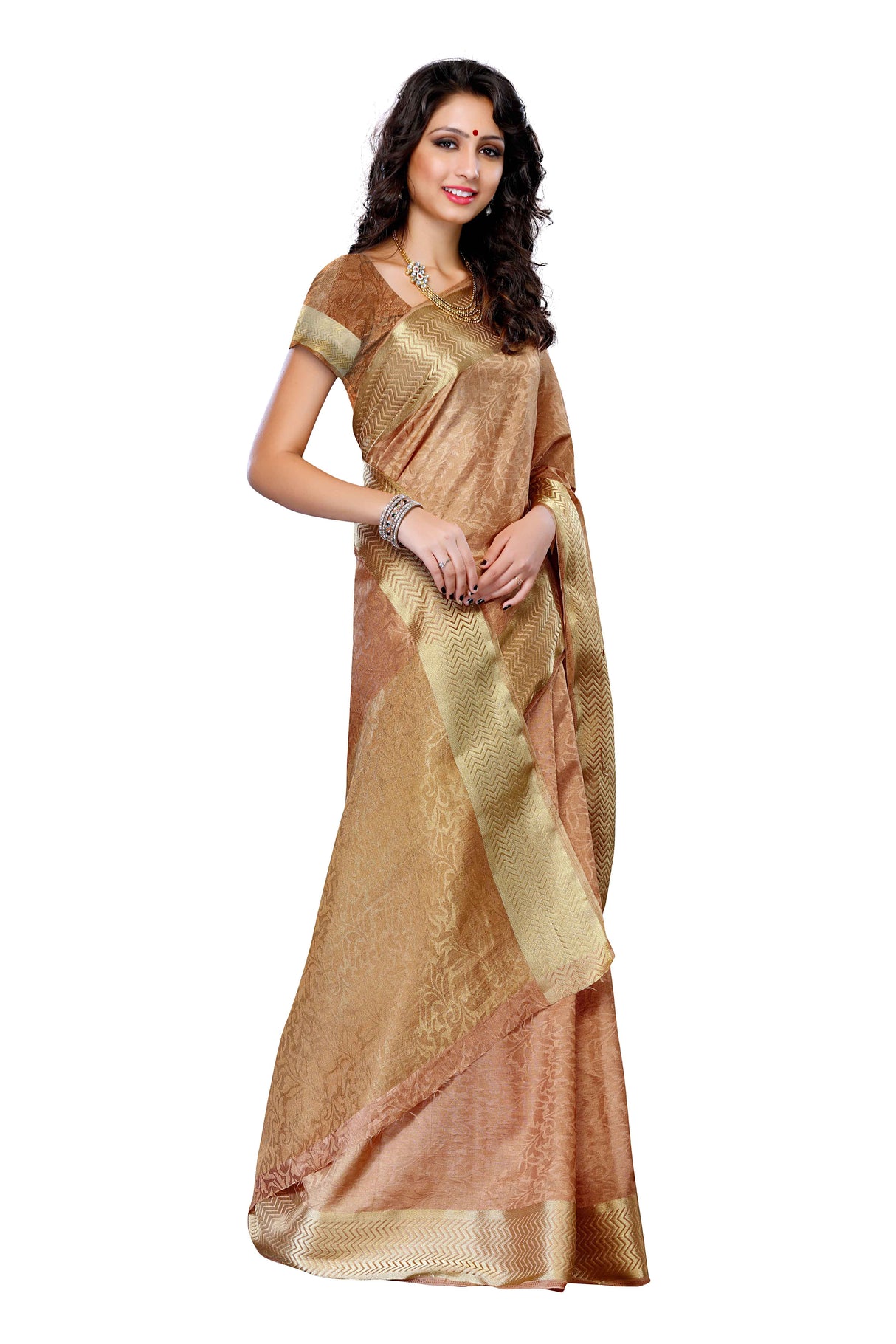 Mimosa Womens Tussar Silk Saree Kanjivaram style Chiku Color