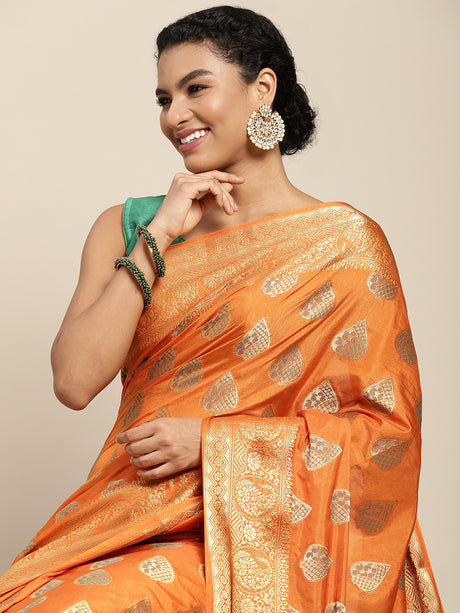 Mimosa Womens Art Silk Saree Kanjivaram Orange Color