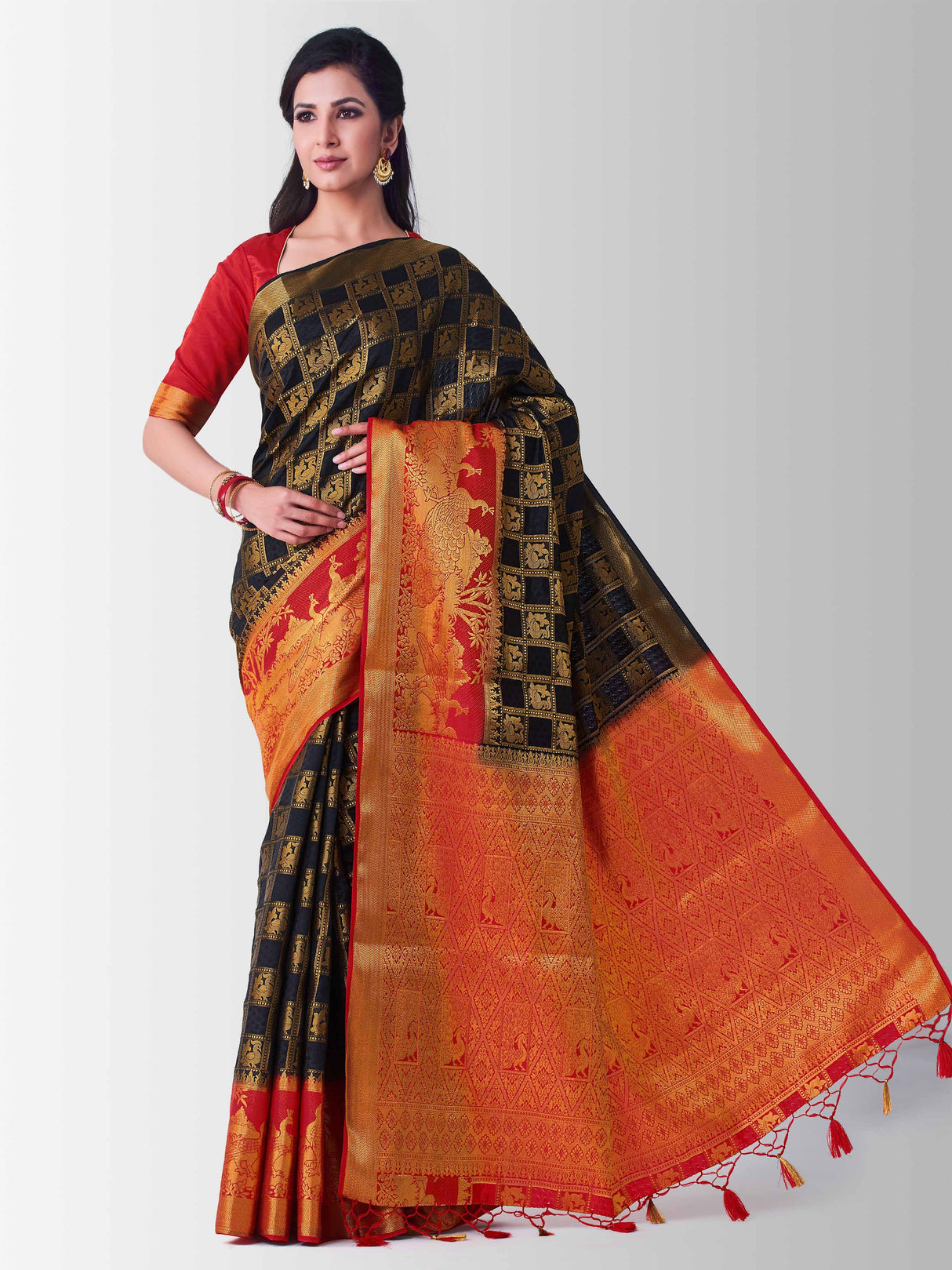 Mimosa Womens Art Silk Saree Kanjivaram Black Color