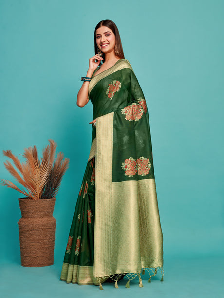 Mimosa Women's Woven Design Kanjivaram Linen Saree With Blouse Piece : SA00001231BGFREE
