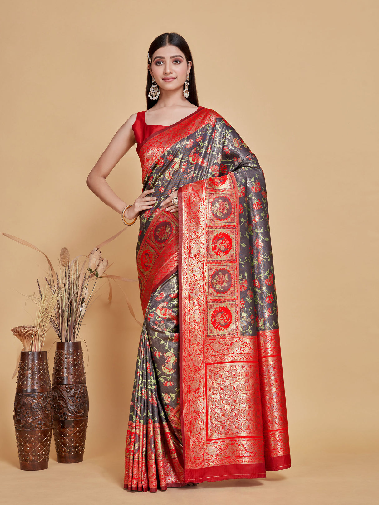 Mimosa Women's Woven Design Patola Style Art Silk Saree With Blouse Piece : SA00001389NVFREE