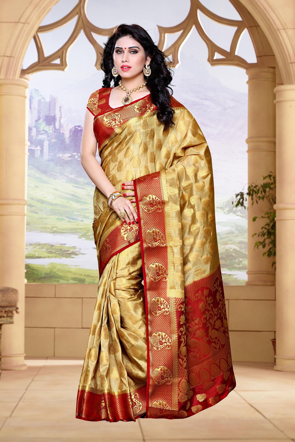 Mimosa Womens Art Silk Saree Kanjivaram Chiku Color