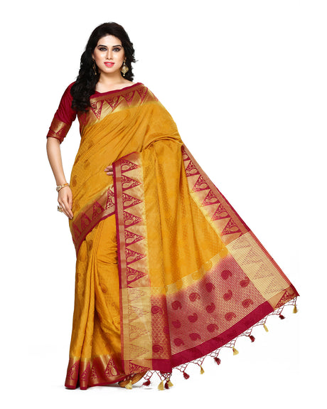 Mimosa Womens Tussar Silk Saree Kanjivaram style Mustard Color