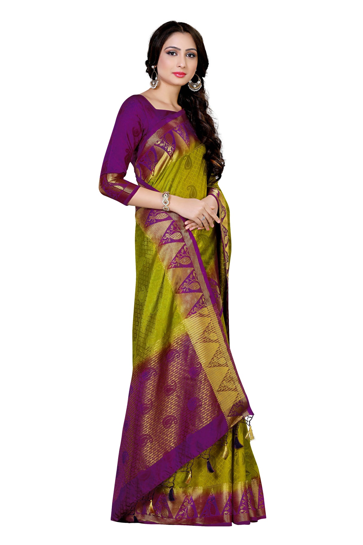 Mimosa Womens Tussar Silk Saree Kanjivaram style Olive Color