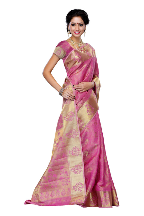 Mimosa Womens Tussar Silk Saree Kanjivaram style Pink Color