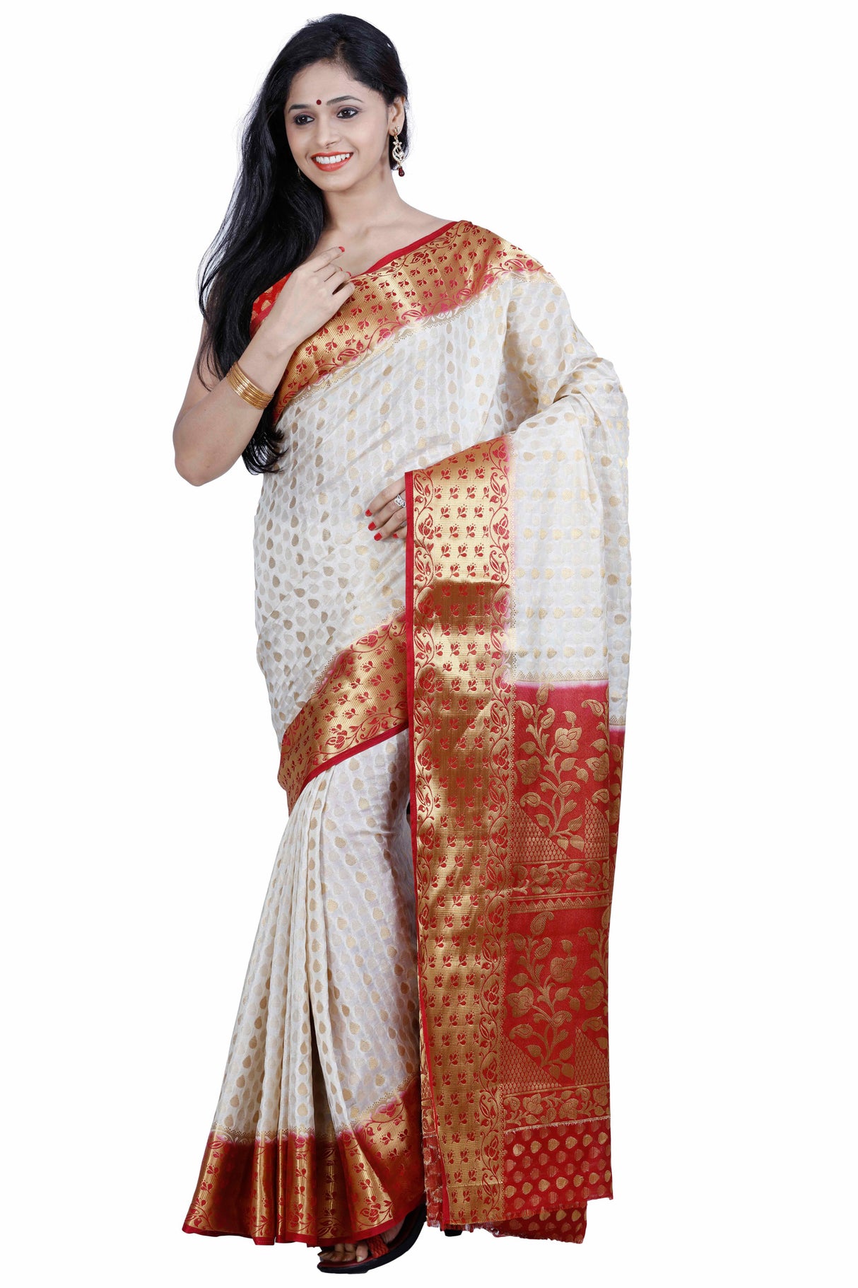 Mimosa Womens Tussar Silk Saree Kanjivaram style Halfwhite Color