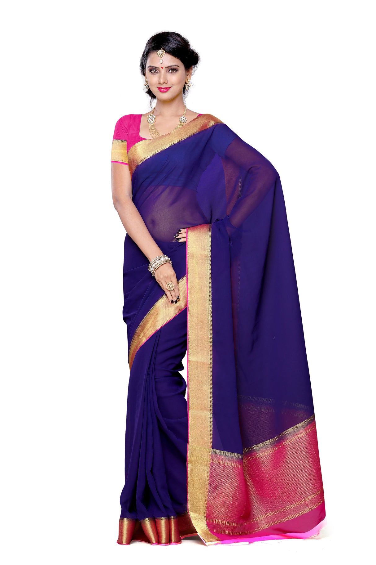 Mimosa Womens Chiffon Saree Kanjivaram style Navy Blue Color