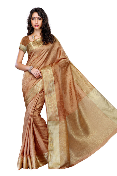 Mimosa Womens Tussar Silk Saree Kanjivaram style Chiku Color