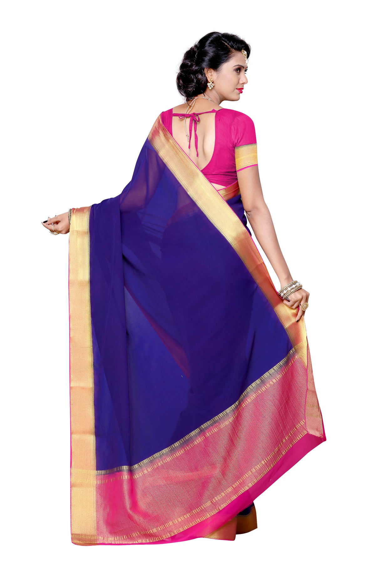 Mimosa Womens Chiffon Saree Kanjivaram style Navy Blue Color