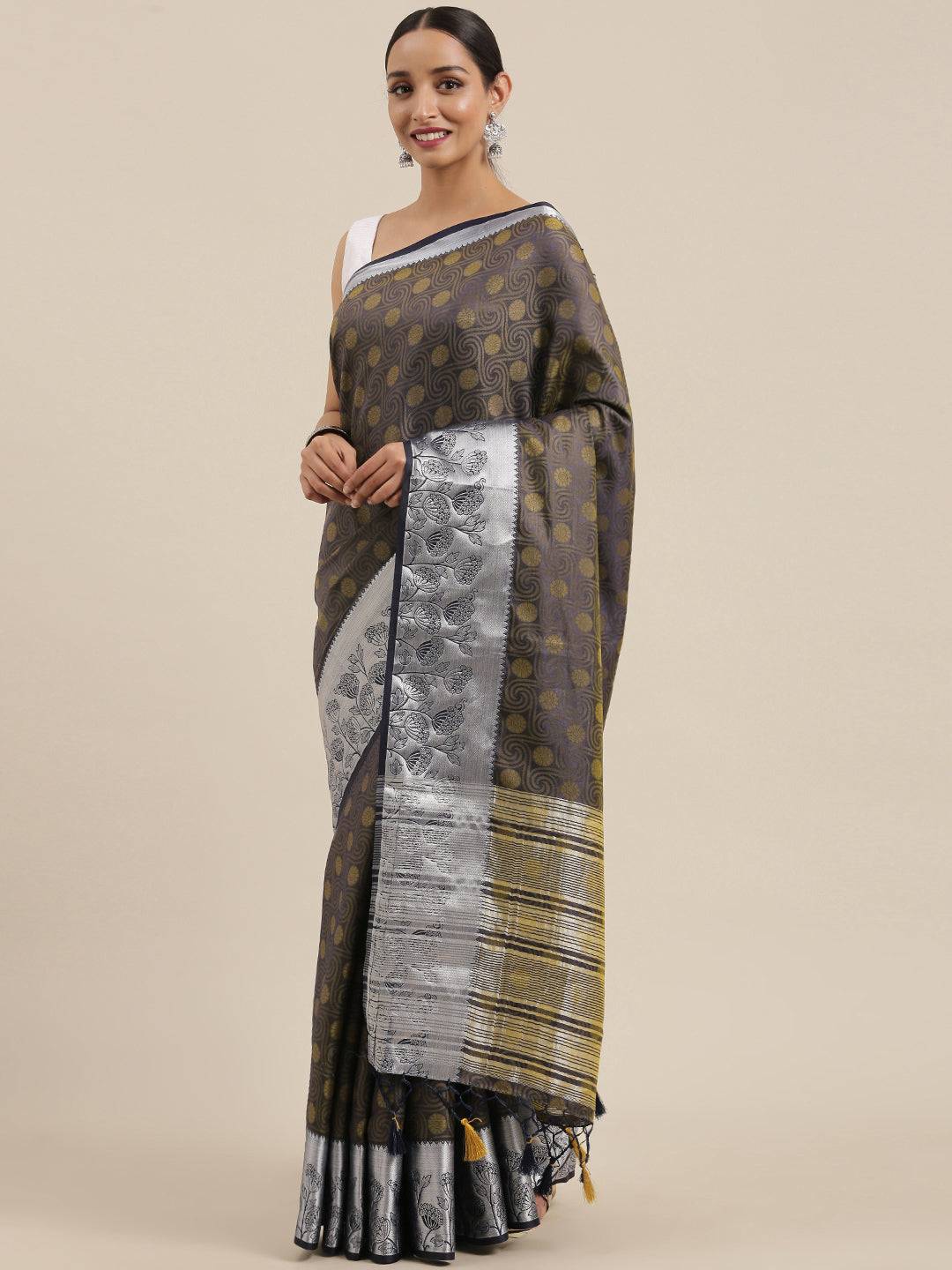 Mimosa Womens Art Silk Saree Kanjivaram style Navy Blue Color