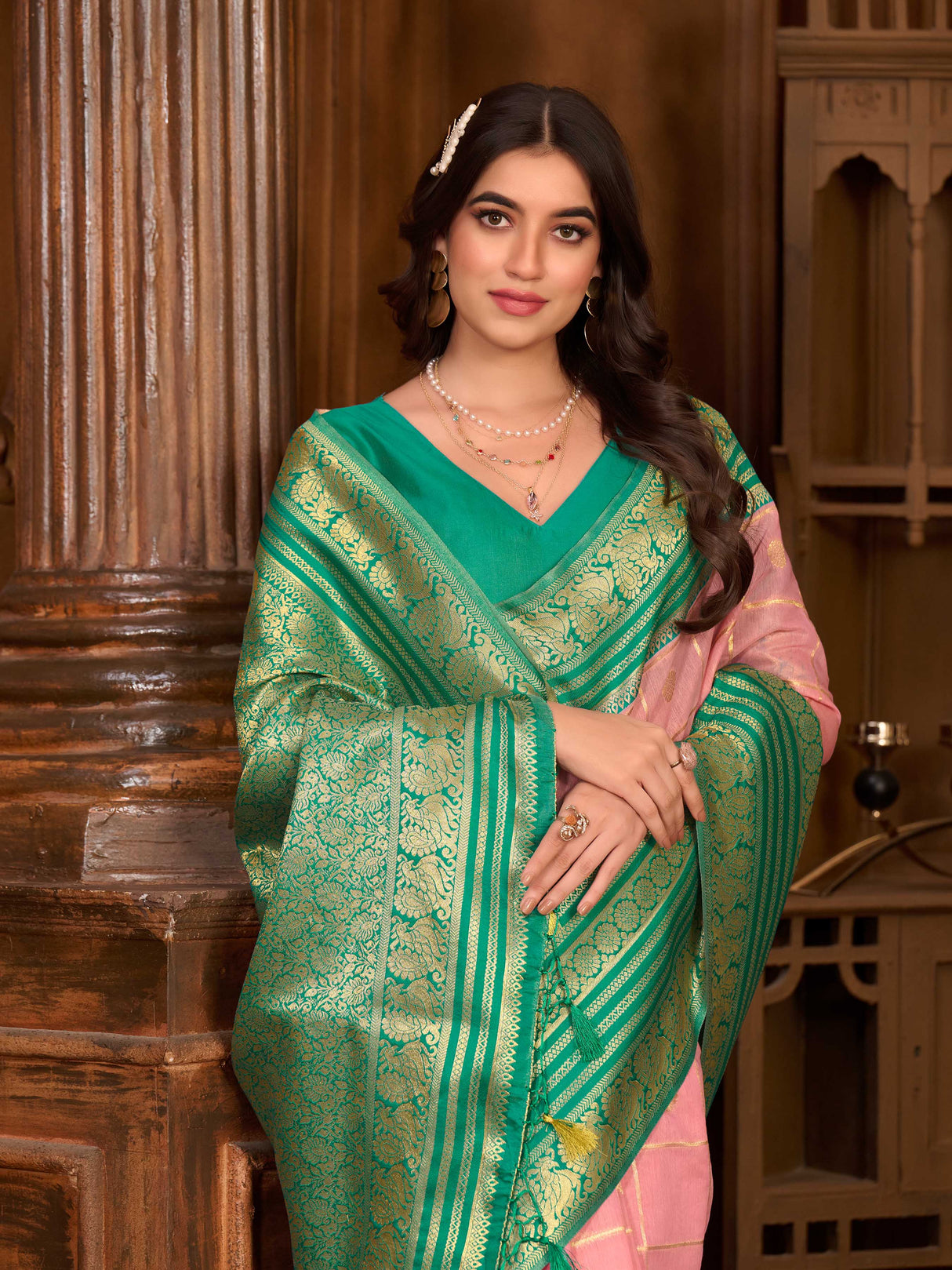 Mimosa Women's Woven Design Kanjivaram Style Art Silk Saree With Blouse Piece : SA0000870PNK