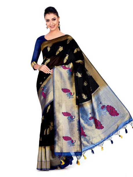 Mimosa Womens Art Silk Saree Kanjivaram Black Color