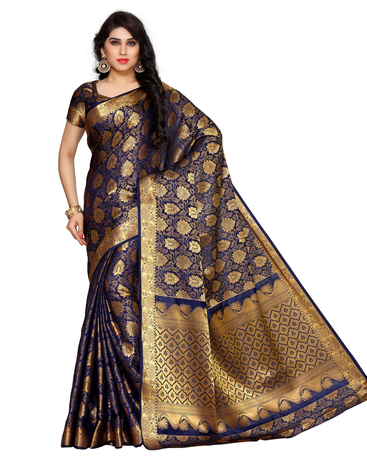 Mimosa Womens Art Silk Saree Kanjivaram Navy Blue Color