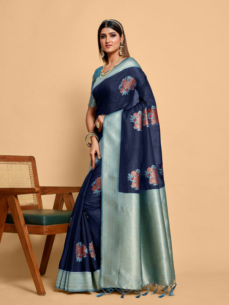 Mimosa Women's Woven Design Kanjivaram Linen Saree With Blouse Piece : SA00001231NVFREE