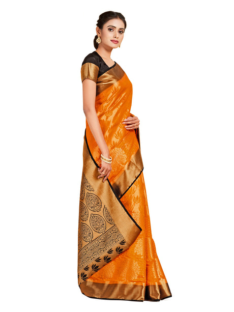 Mimosa Womens Art Silk Saree Kanjivaram Orange Color