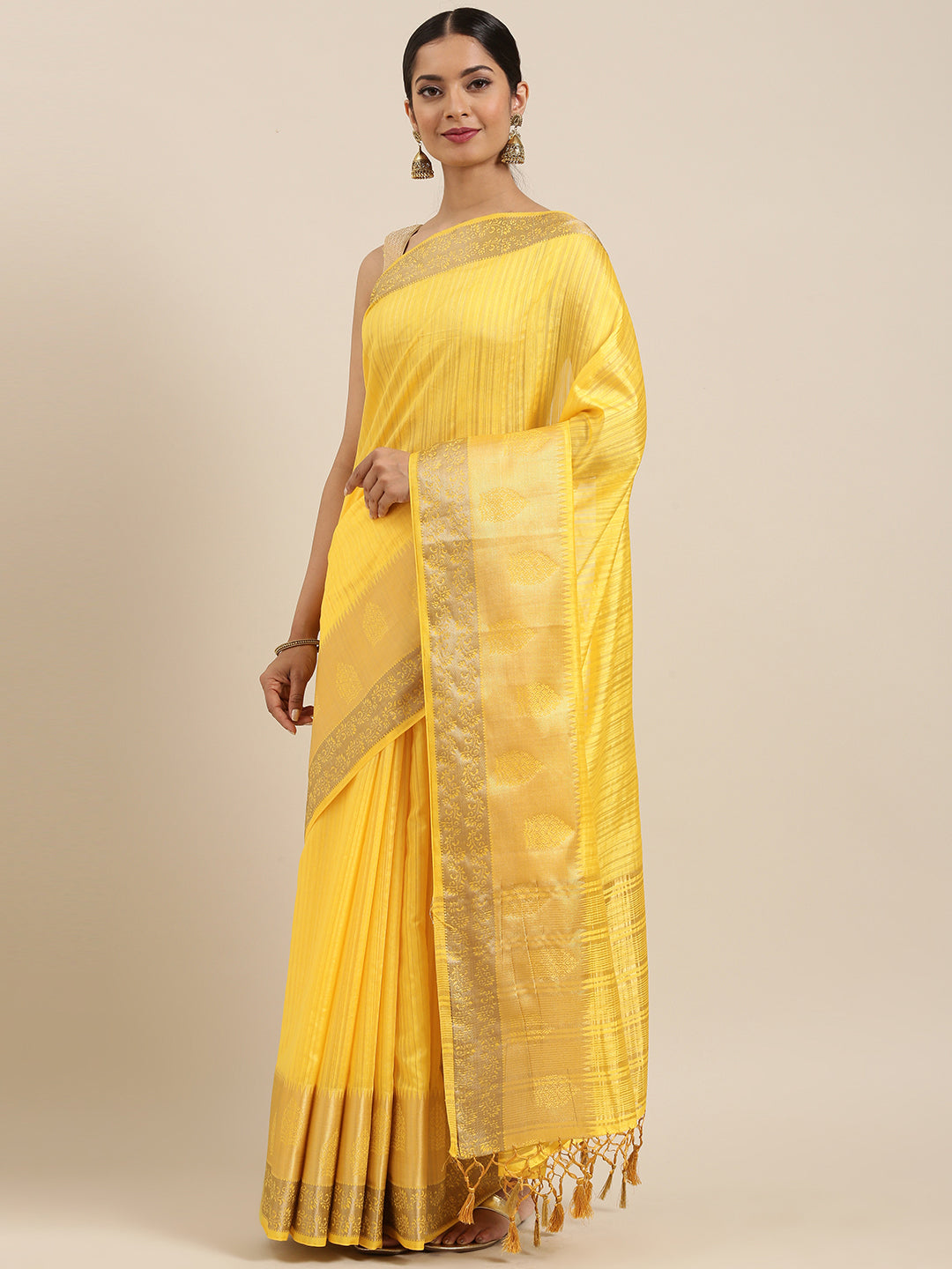 Mimosa Womens Raw Silk Saree Kanjivaram style Yellow Color