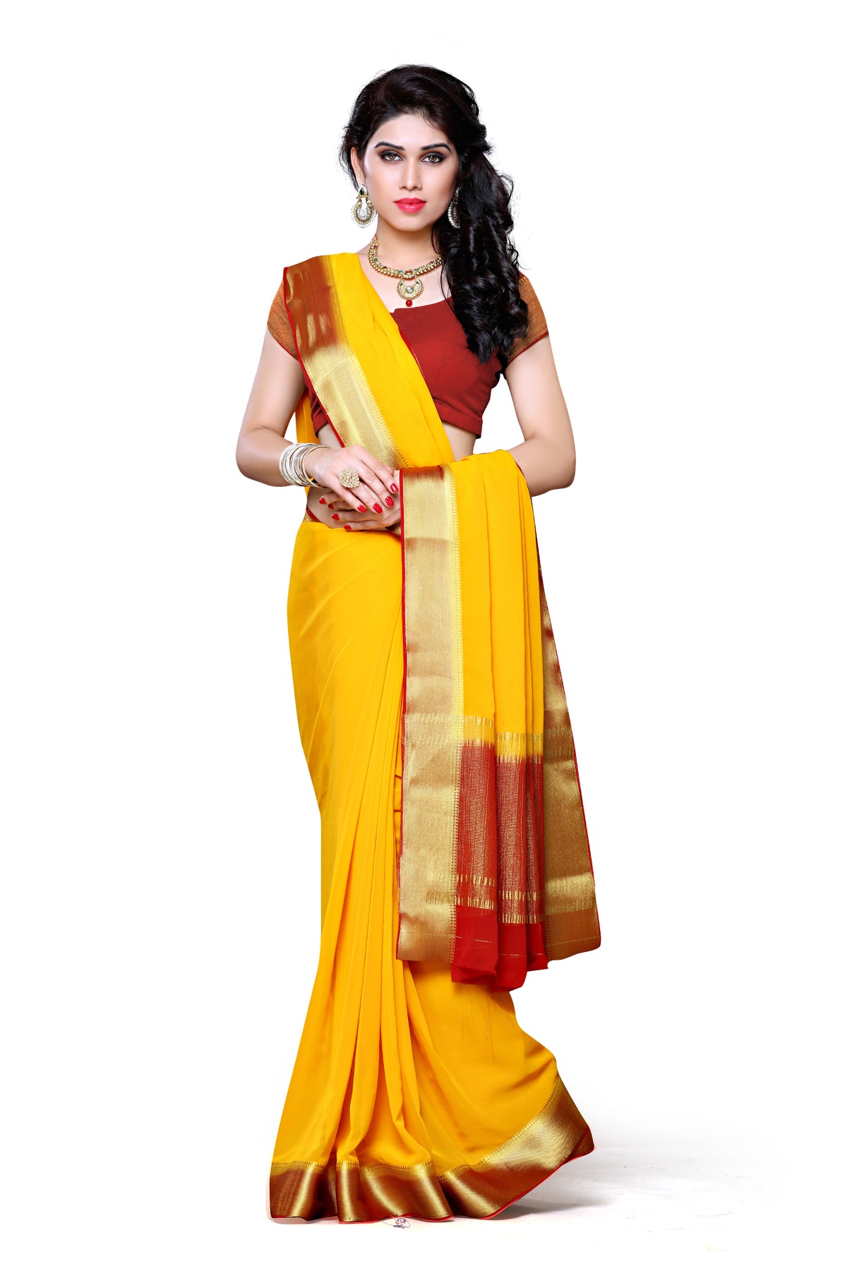 Mimosa Womens Chiffon Saree Kanjivaram style Gold Color