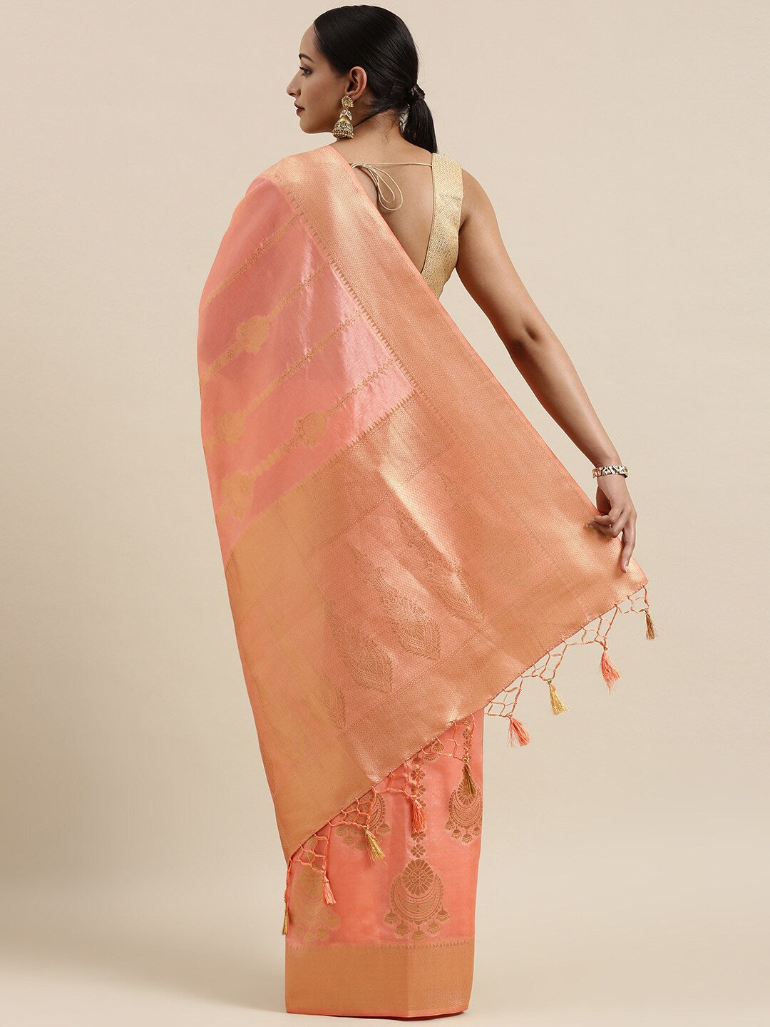 Mimosa Womens Art Silk Saree Kanjivaram Peach Color