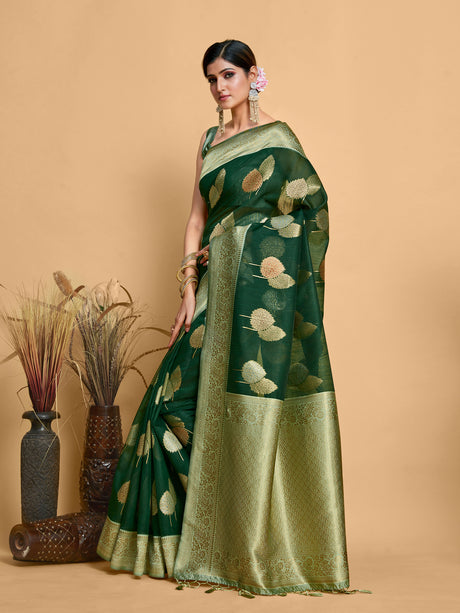 Mimosa Women's Woven Design Kanjivaram Linen Saree With Blouse Piece : SA00001234BGFREE