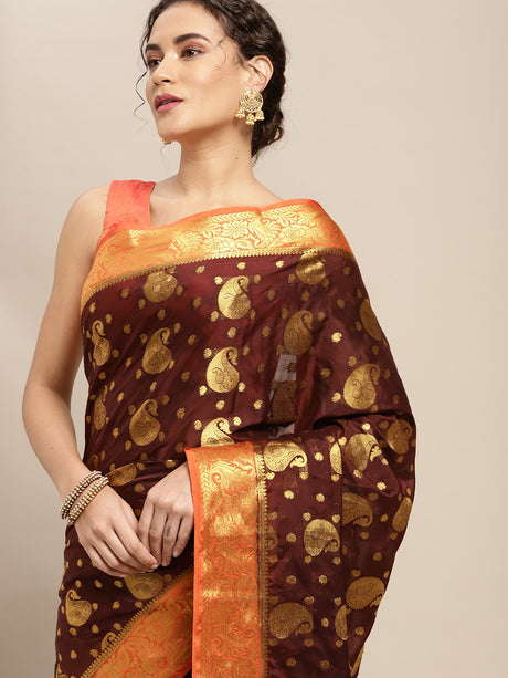 Mimosa Womens Crepe Saree Mysore Silk Chocolate Color