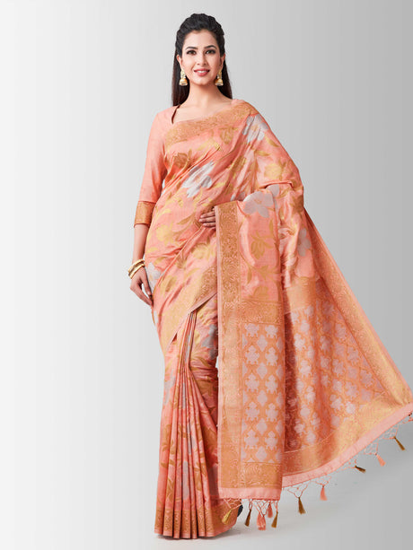 Mimosa Womens Art Silk Saree Kanjivaram Peach Color