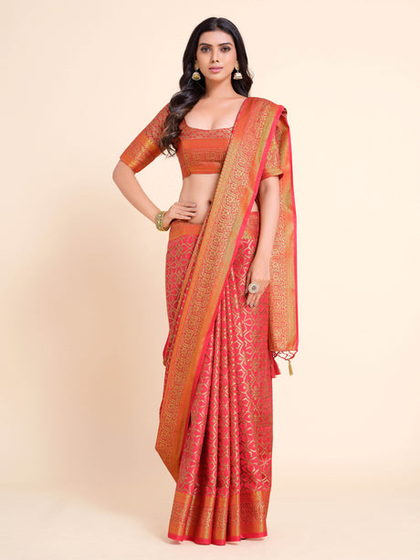 Mimosa Womens Art Silk Saree Kanjivaram Strawberry Color