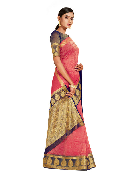 Mimosa Womens Art Silk Saree Kanjivaram style Strawberry Color