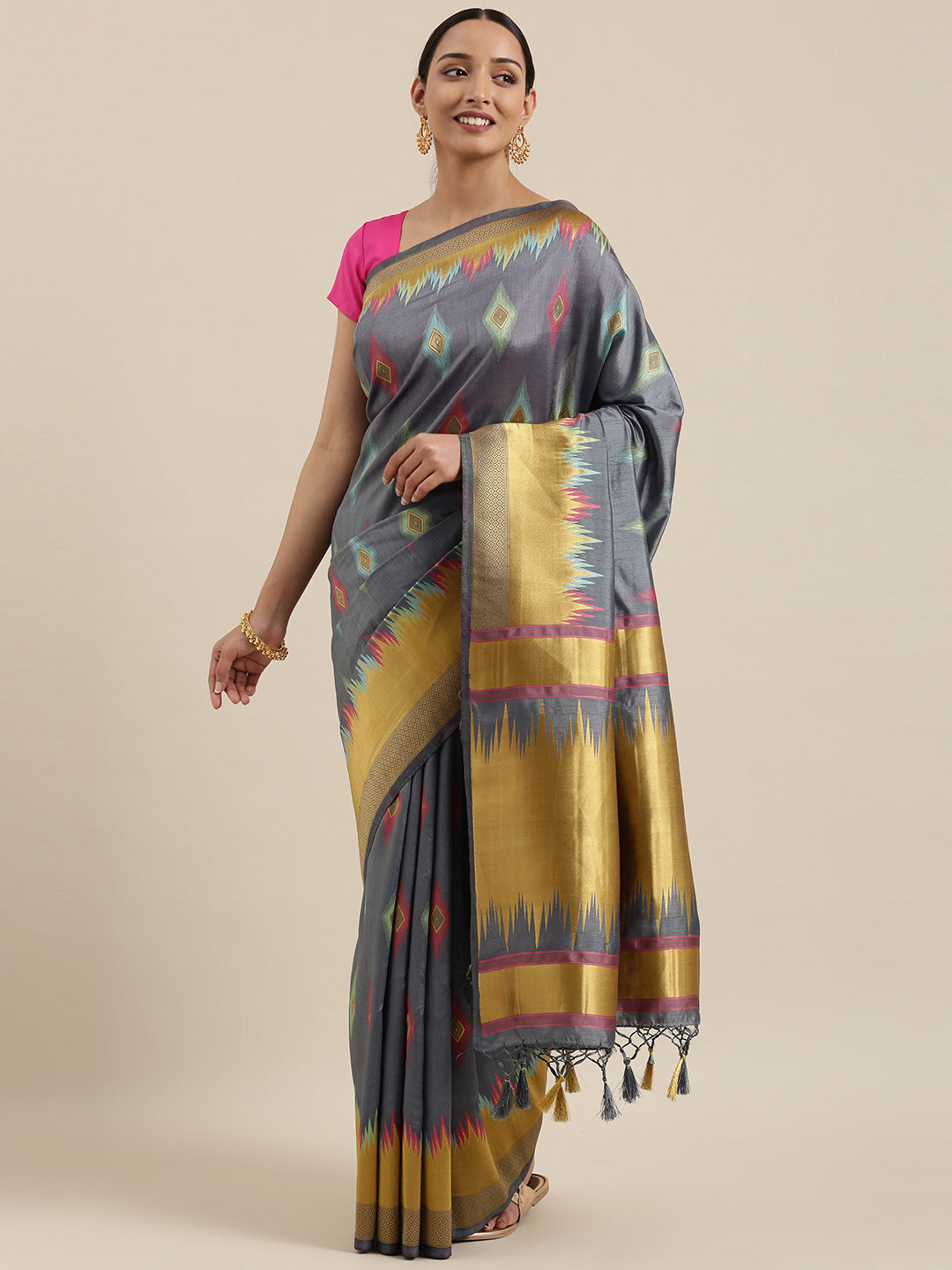 Mimosa Womens Art Silk Saree Kanjivaram Grey Color