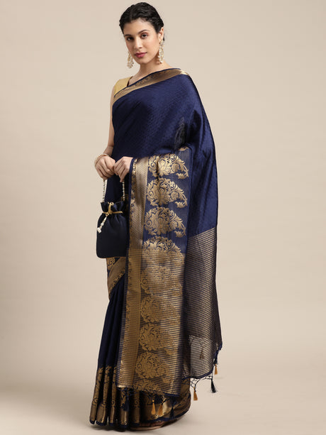 Mimosa Womens Art Silk Saree Kanjivaram style Navy Blue Color