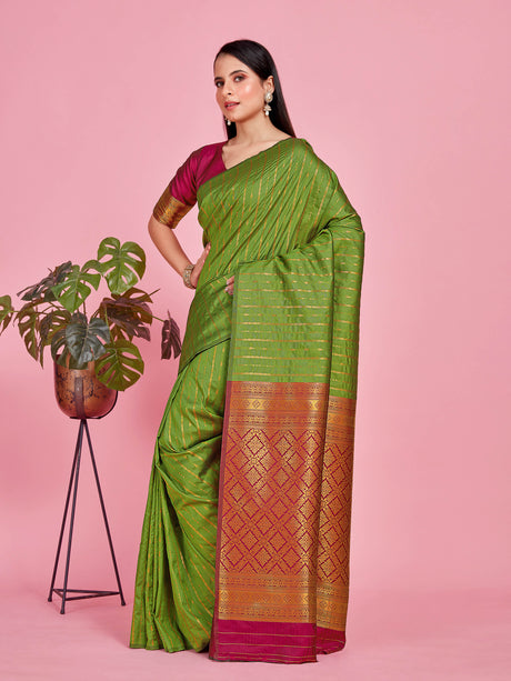 Mimosa Women's Woven Design Kanjivaram Style Art Silk Saree With Blouse Piece : SA00001374GRNFREE