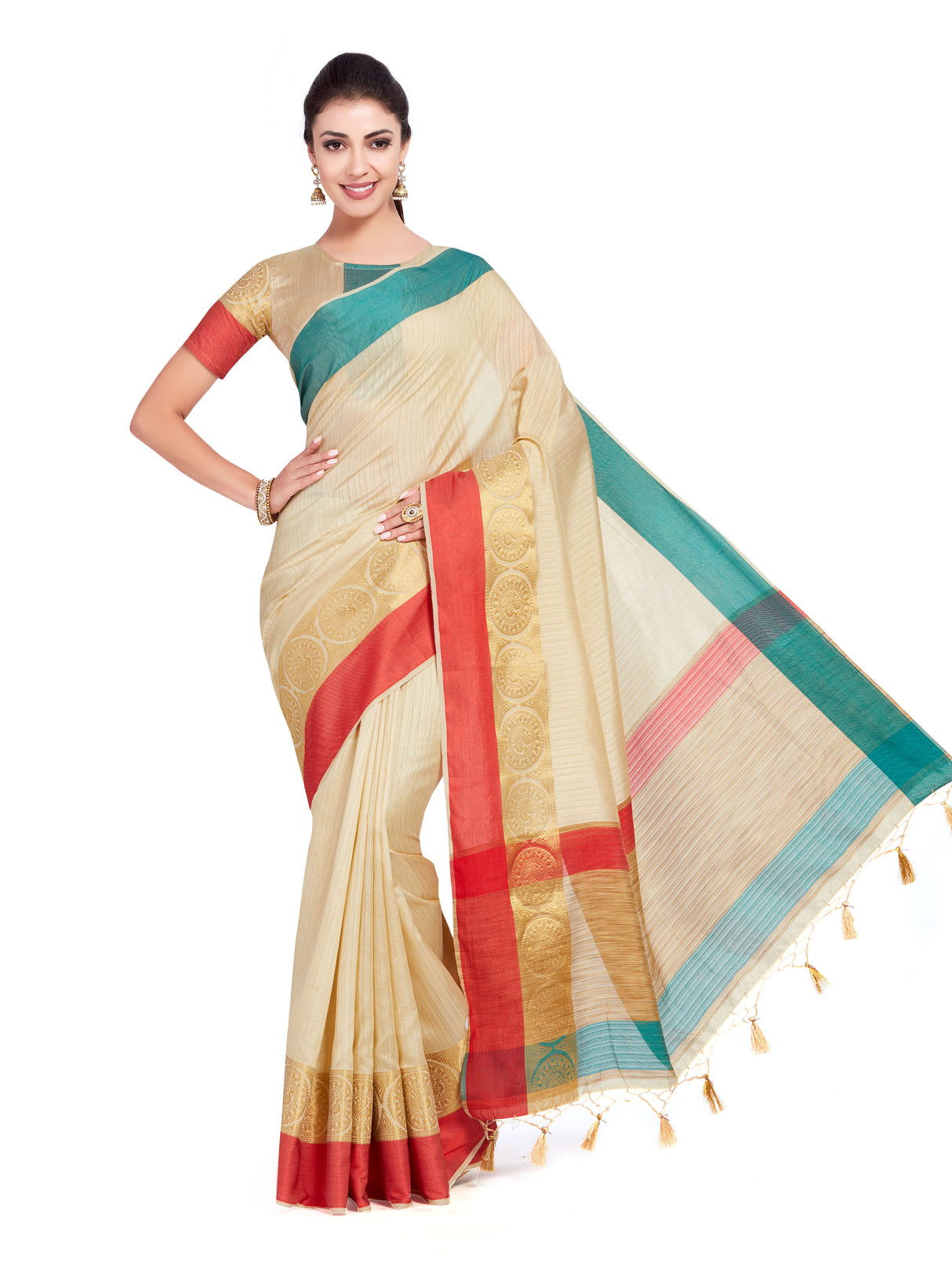 Mimosa Womens Raw Silk Saree Kanjivaram Halfwhite Color