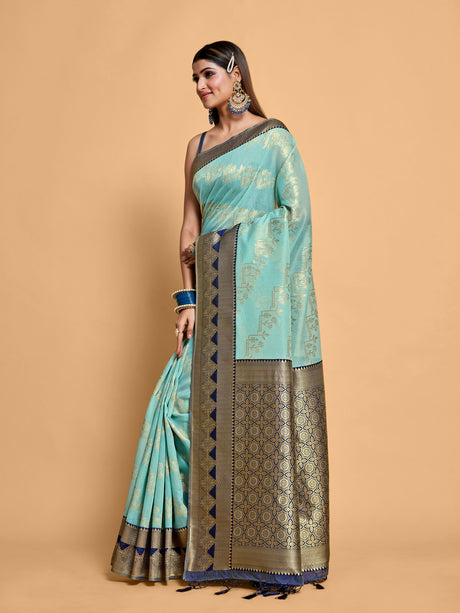 Mimosa Women's Woven Design Kanjivaram Linen Saree With Blouse Piece : SA00001233ANFREE