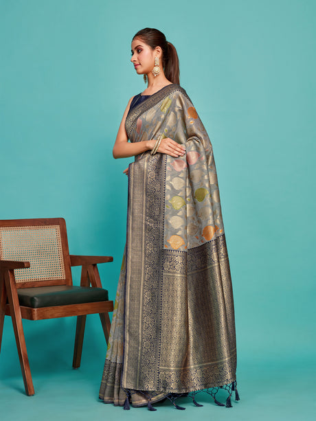 Mimosa Women's Woven Design Kanjivaram Linen Saree With Blouse Piece : SA00001236GYFREE
