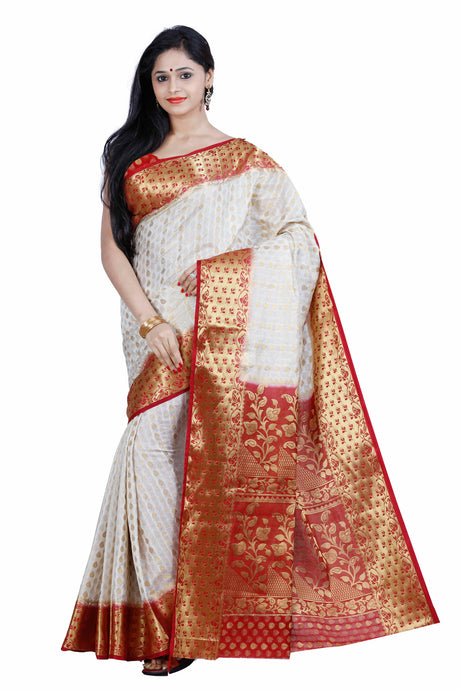 Mimosa Womens Tussar Silk Saree Kanjivaram style Halfwhite Color