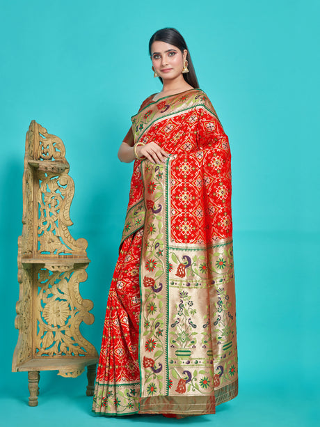 Mimosa Women's Woven Design Patola Style Art Silk Saree With Blouse Piece : SA00001379REDFREE