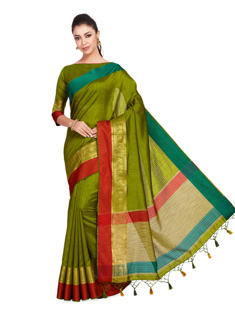 Mimosa Womens Raw Silk Saree Kanjivaram Olive Color