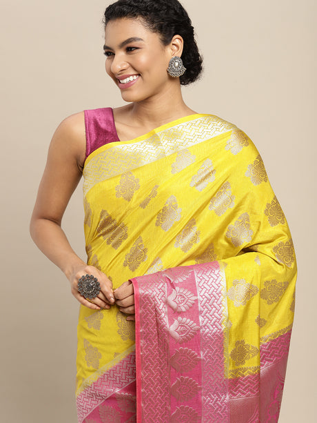 Mimosa Womens Art Silk Saree Kanjivaram Yellow Color