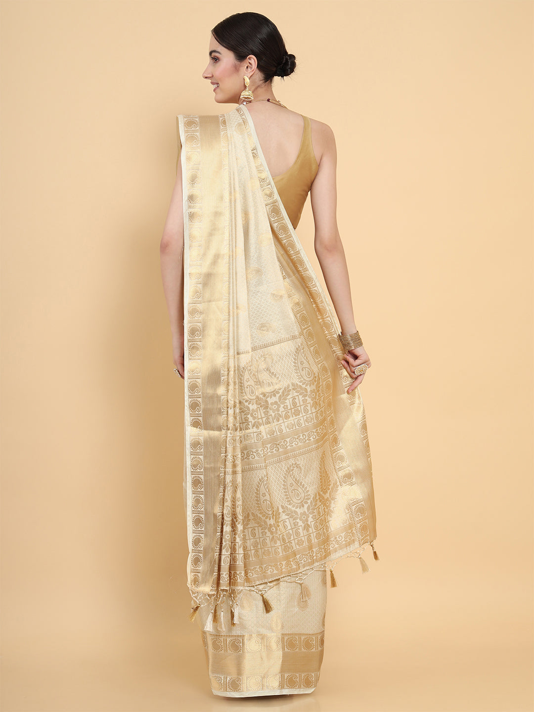 Mimosa Womens Art Silk Saree Kasavu Cream Color