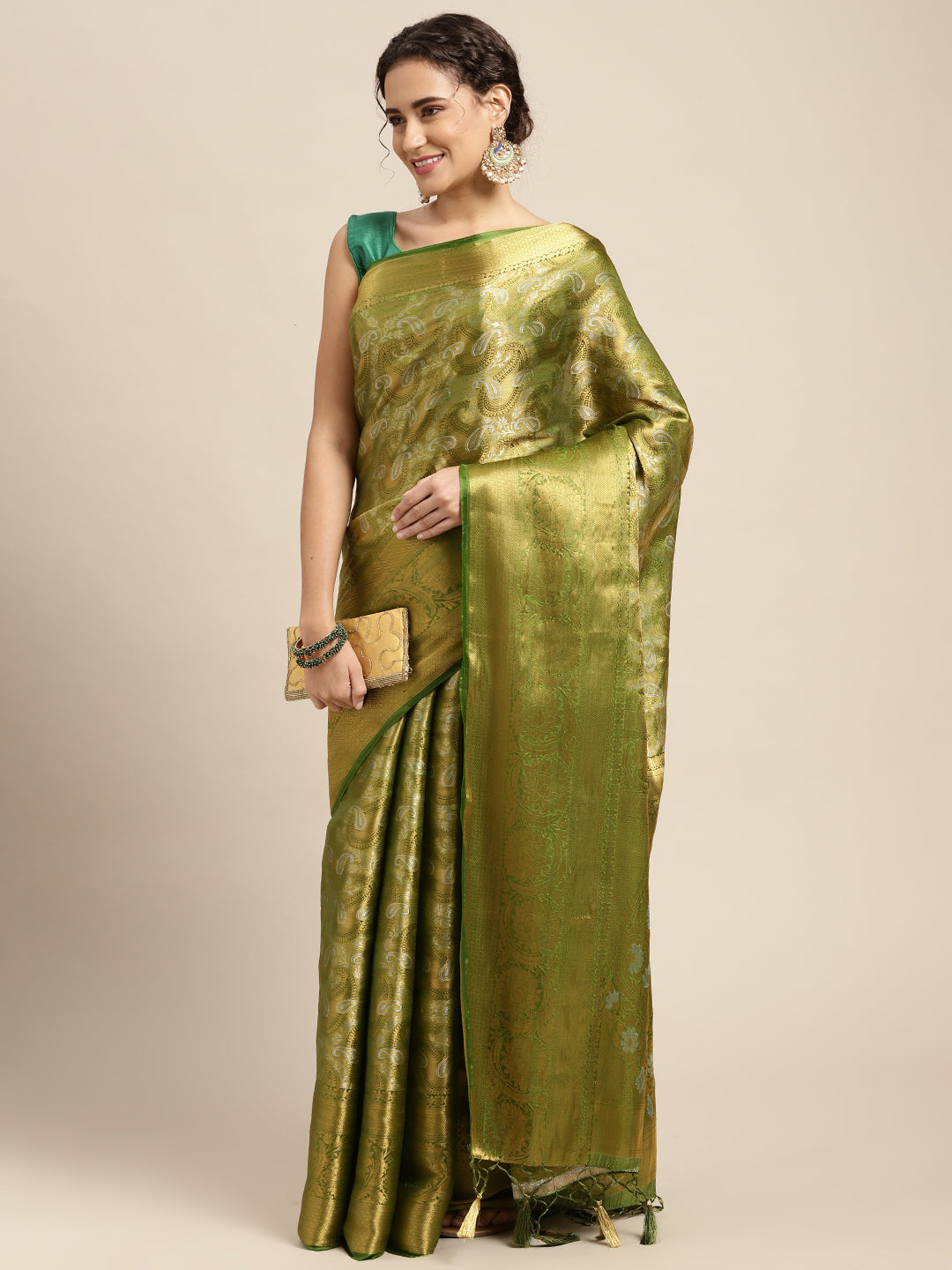 Mimosa Womens Art Silk Saree Kanjivaram Olive Color