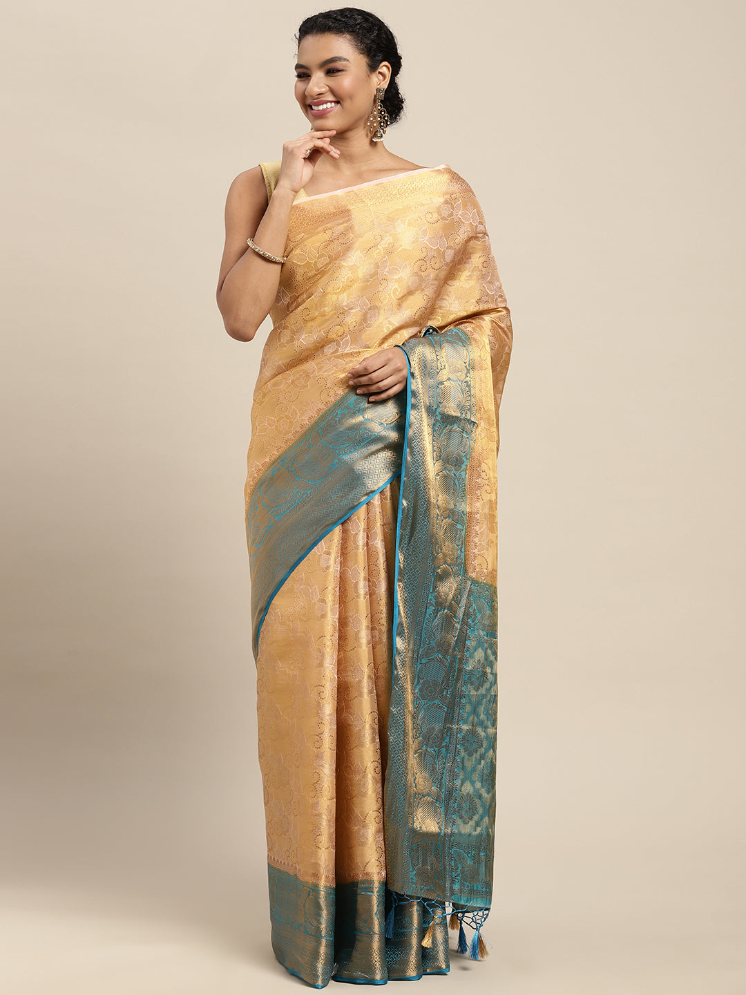 Mimosa Womens Art Silk Saree Kanjivaram Peach Color